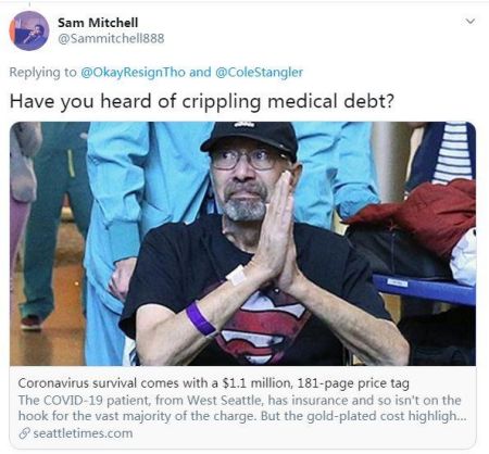 　　据美国《西雅图时报》6月13日报道，美国老人迈克尔·弗洛尔因患新冠肺炎住院，出院后，他收到了总价超110万美元的账单。 图片来源：社交媒体截图