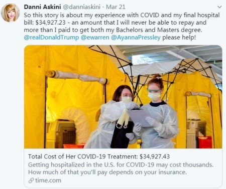 　　当地时间3月21日，因收到巨额账单，美国女子阿斯基尼在社交媒体寻求帮助。图片来源：社交媒体截图