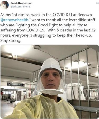 　图为美国新冠急救医生雅各布•基伯曼的自拍照。(图片来源：雅各布•基伯曼社交网络截图)