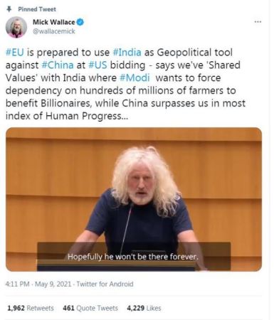 来源:欧洲议会议员米克·华莱士社交媒体截图。 来源:欧洲议会议员米克·华莱士社交媒体截图。